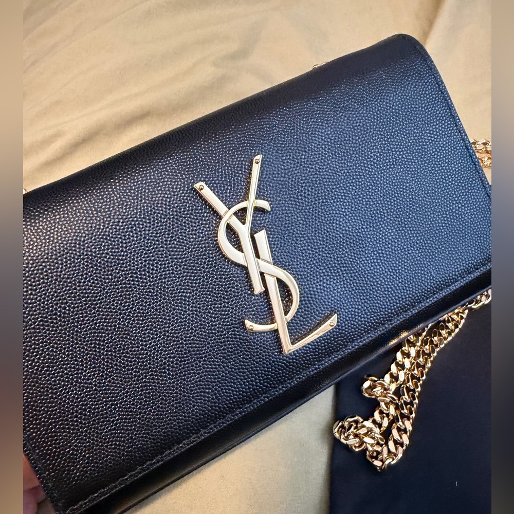 Saint Laurent Black Pebbled Leather Chain Crossbody small with Gold YSL Logo